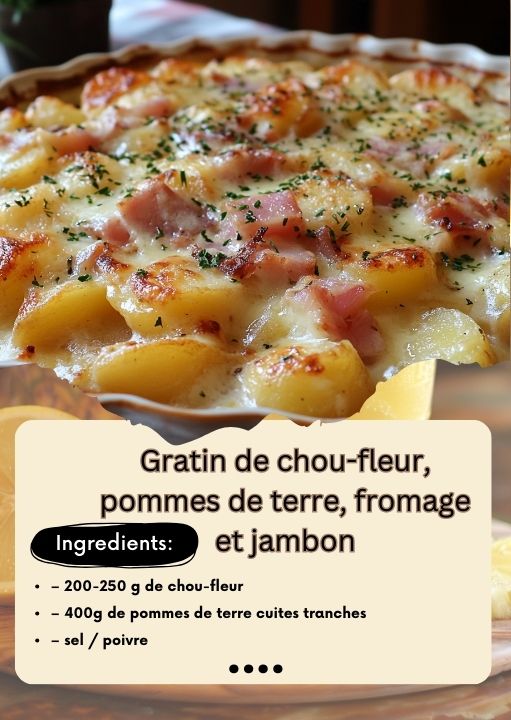 Gratin de chou-fleur, pommes de terre, fromage et jambon