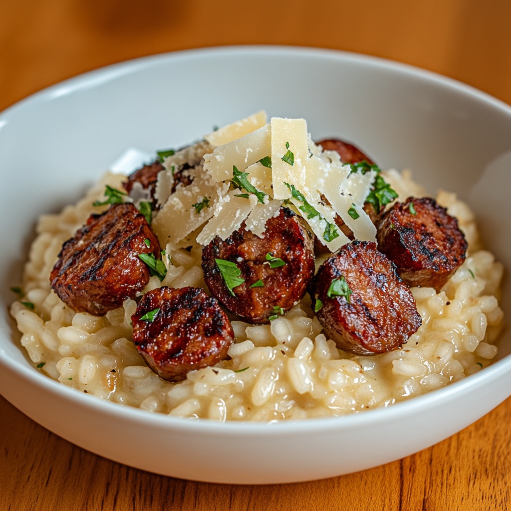 Risotto crémeux au chorizo grillé et copeaux de parmesan