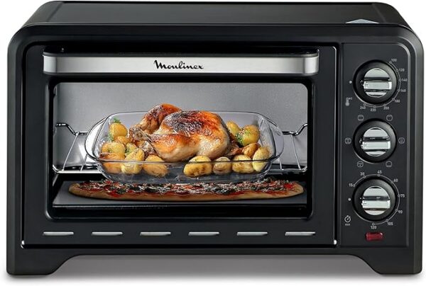 Moulinex Four posable 33 L, Chaleur tournante, Convection de pointe, 6 modes de cuisson, Thermostat réglable jusqu’à 240 °C, Timer 120 min, Grille réversible, Maniques silicone, Optimo Noir OX464811