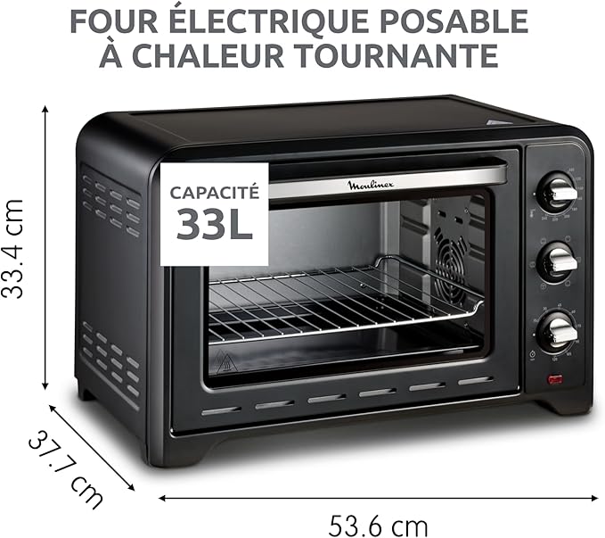Moulinex Four posable 33 L, Chaleur tournante, Convection de pointe, 6 modes de cuisson, Thermostat réglable jusqu’à 240 °C, Timer 120 min, Grille réversible, Maniques silicone, Optimo Noir OX464811