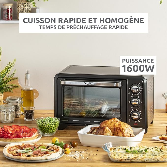 Moulinex Four posable 33 L, Chaleur tournante, Convection de pointe, 6 modes de cuisson, Thermostat réglable jusqu’à 240 °C, Timer 120 min, Grille réversible, Maniques silicone, Optimo Noir OX464811