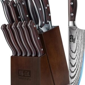 SHAN ZU – Ensemble de Couteaux de Cuisine avec Bloc et Aiguiseur Intégré (7 pièces, Acier Inoxydable)