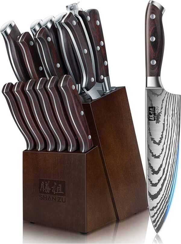 SHAN ZU – Ensemble de Couteaux de Cuisine avec Bloc et Aiguiseur Intégré (7 pièces, Acier Inoxydable)